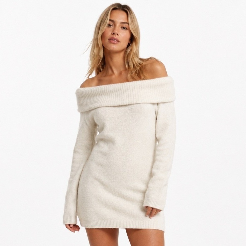 HM Divided Womens Off The Shoulder Knit Sweater Dress Wool Blend XS NWT